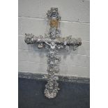 A SILVER PAINTED LARGE CAST IRON CROSS, with foliate detailing, and Jesus (condition - one arm