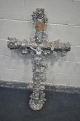 A SILVER PAINTED LARGE CAST IRON CROSS, with foliate detailing, and Jesus (condition - one arm