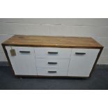 AN FSC PARTIALY PAINTED SIDEBOARD, with two cupboard doors, flanking three drawers, length 160cm x