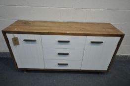AN FSC PARTIALY PAINTED SIDEBOARD, with two cupboard doors, flanking three drawers, length 160cm x