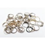A QUANTITY OF WHITE METAL RINGS, to include a Tiffany & Co ring, an assortment of 'Pandora' rings, a