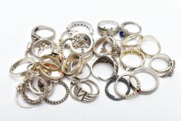 A QUANTITY OF WHITE METAL RINGS, to include a Tiffany & Co ring, an assortment of 'Pandora' rings, a