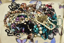 A SELECTION OF COSTUME JEWELLERY, to include predominantly beaded necklaces, imitation pearl