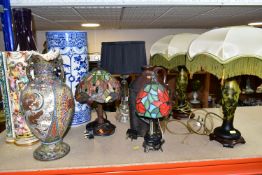 A GROUP OF LAMPS AND LARGE VASES, comprising a pair of French Art Deco style table lamps, pale green