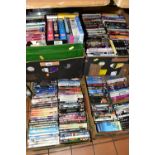FIVE BOXES OF DVDS AND VHS VIDEO CASSETTE TAPES a collection of approximately 400+ films, T.V.