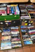 FIVE BOXES OF DVDS AND VHS VIDEO CASSETTE TAPES a collection of approximately 400+ films, T.V.