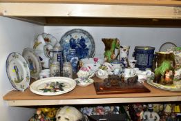 A GROUP OF CERAMICS AND SALT GLAZED WARES, comprising a Royal Sphinx Maastricht Delfts charger,