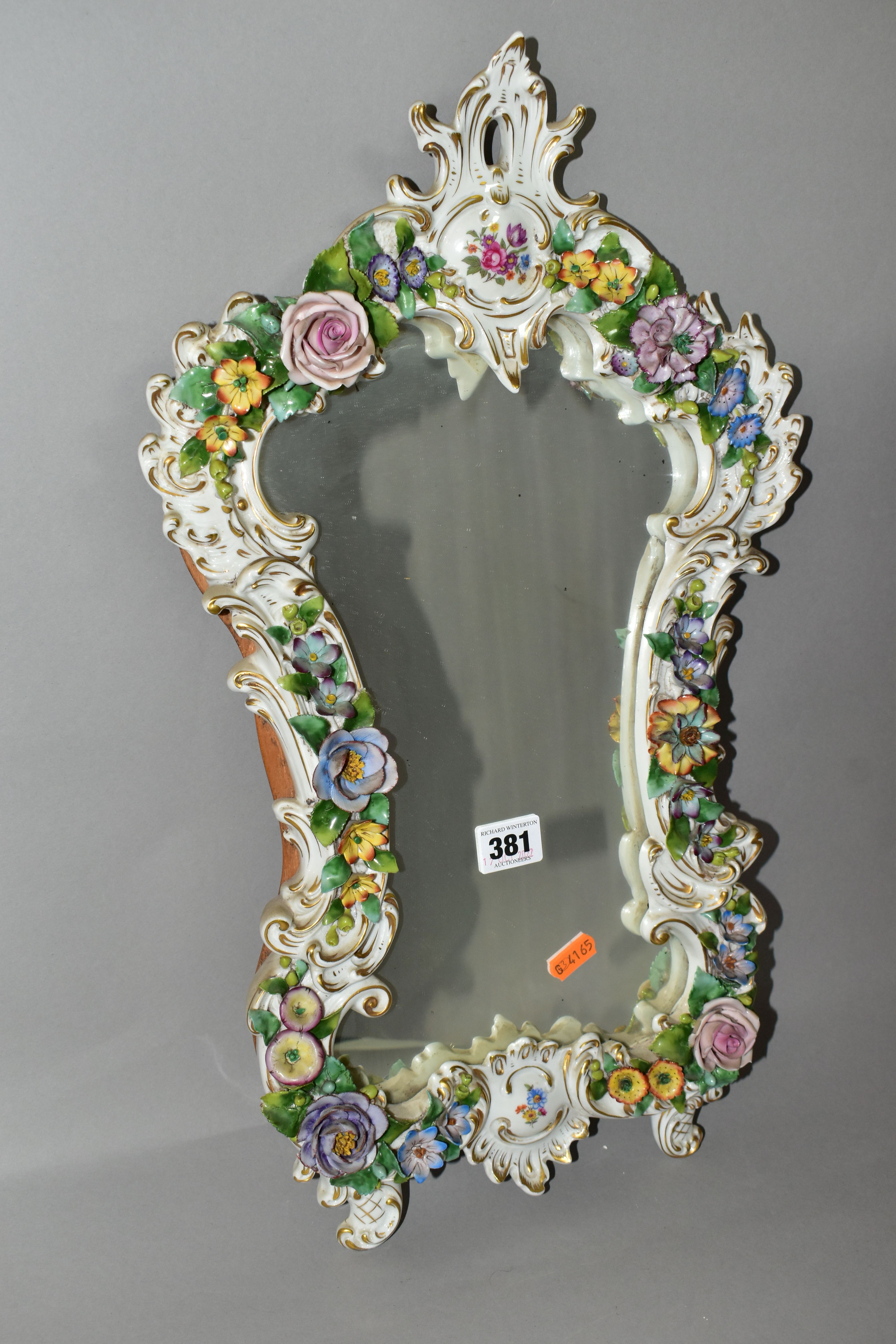 A MID 20TH CENTURY CAPODIMONTE FLORAL ENCRUSTED PORCELAIN FRAMED MIRROR, Rococo style frame, the - Image 8 of 15