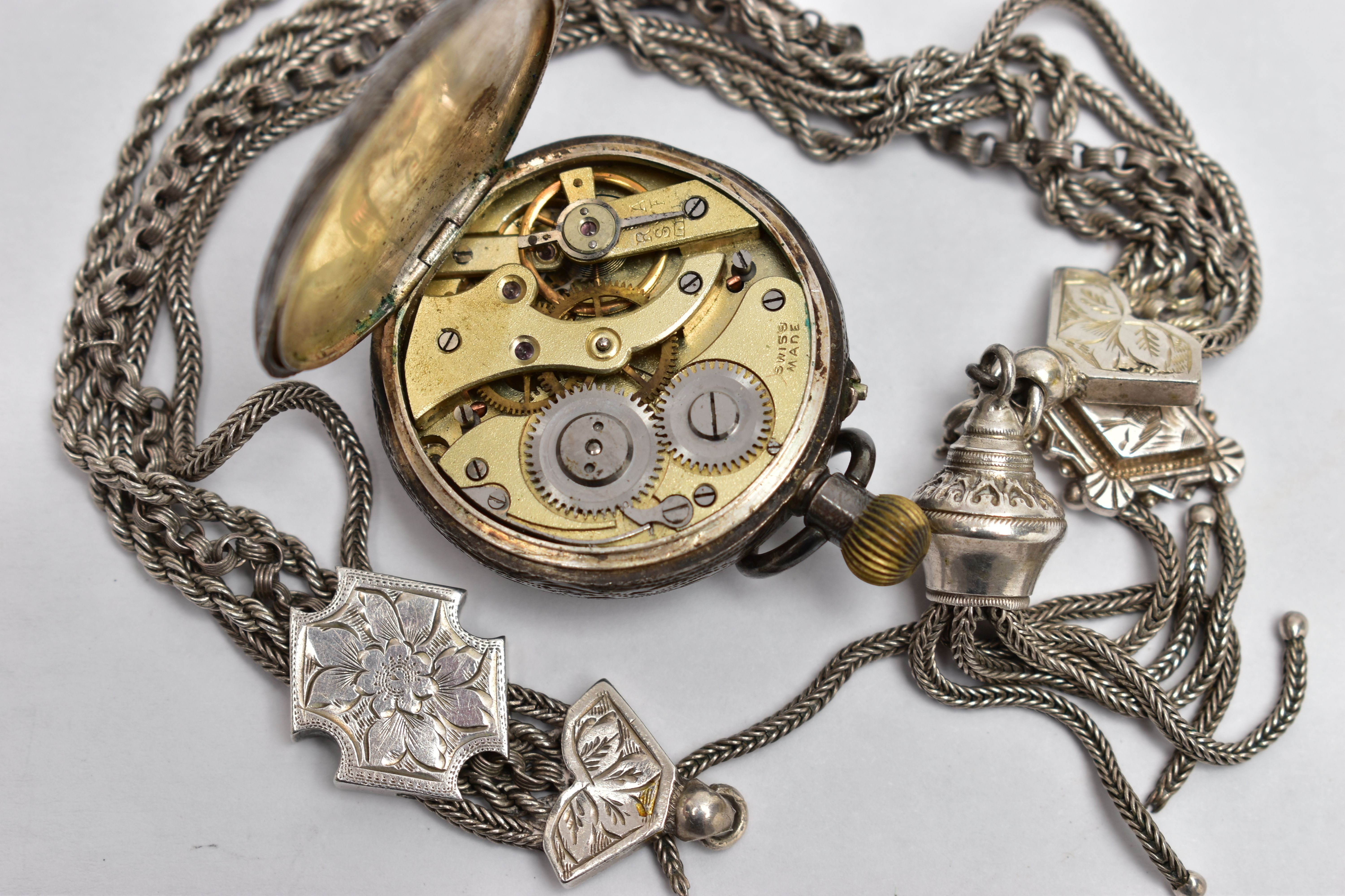 A SMALL OPEN FACE POCKET WATCH AND ALBERTINA, the manual wind pocket watch with round white dial, - Image 4 of 4