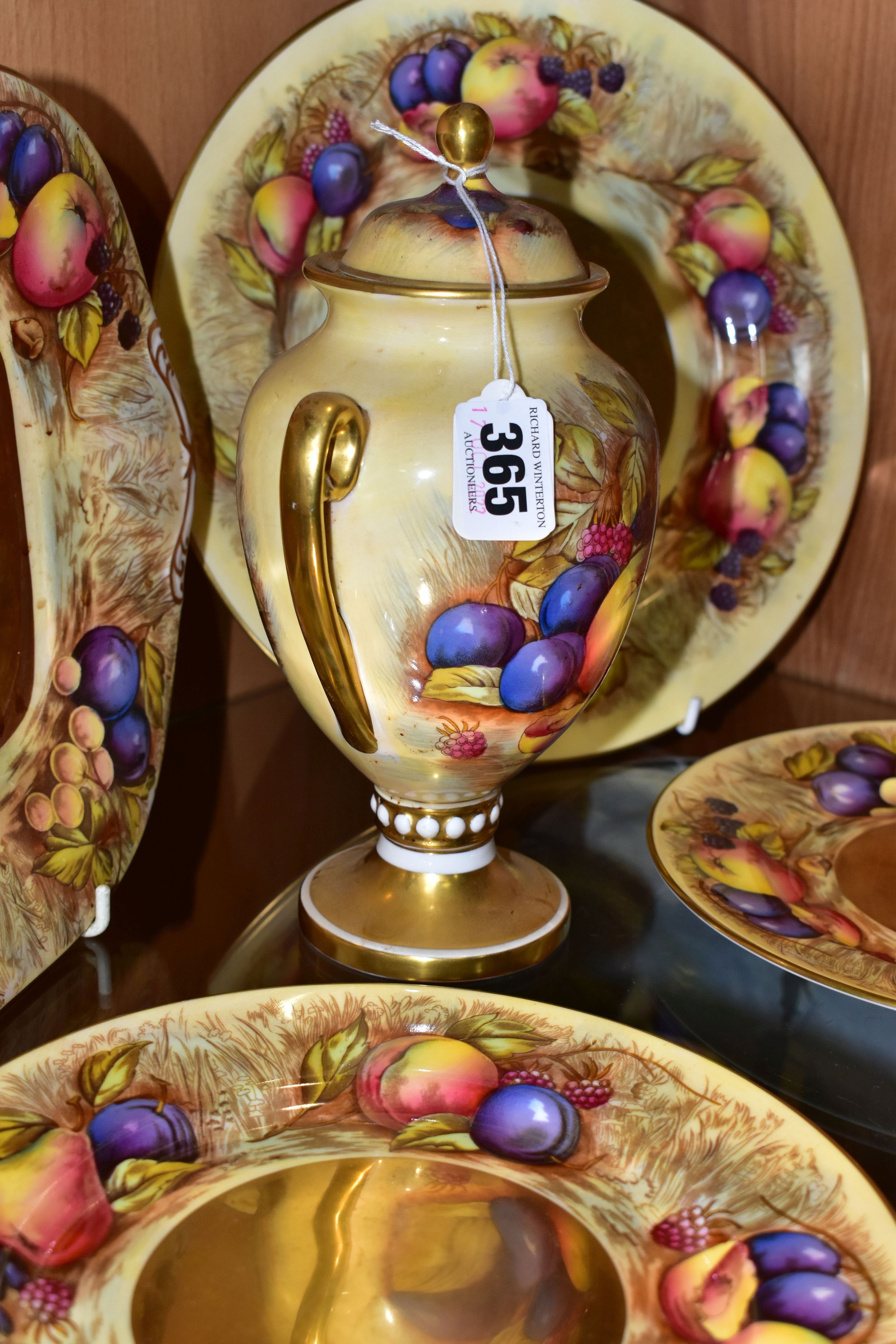 FIVE PIECES OF AYNSLEY FRUIT PATTERN CHINA, bearing D. Jones signatures, comprising a twin handled - Image 4 of 8