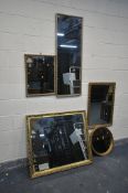 FIVE MODERN GILT FRAMED WALL MIRRORS three with bevelled glass, the largest being 102cm wide x