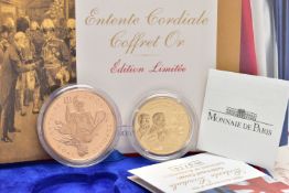 A ROYAL MINT 'THE 100TH ANNIVERSARY OF THE ENTENTE CORDIALE TWO COIN SET', containing a 22ct gold,