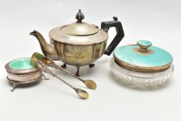 A SELECTION OF SILVER ITEMS, to include a silver guilloche enamel trinket box, of a circular form,