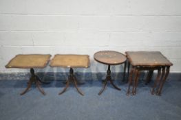 A PAIR OF MAHOGANY SERPENTINE LEATHER TOP TRIPOD TABLE, along with an oval tripod table and a nest