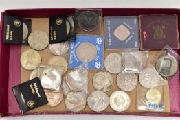 A BOX LID OF COINS AND COMMEMORATIVES, to include a Medal with images of Westminster Abbey, a 1951