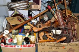 FOUR BOXES OF TREEN, BOOKS AND SUNDRIES, to include five horn cups/beakers three larger, height 8cm,