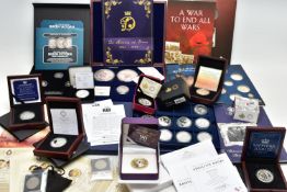A BOX OF COINS AND COMMEMORATIVES TO INCLUDE, 9x HISTORY of the RAF SILVER PROOF Coins all with