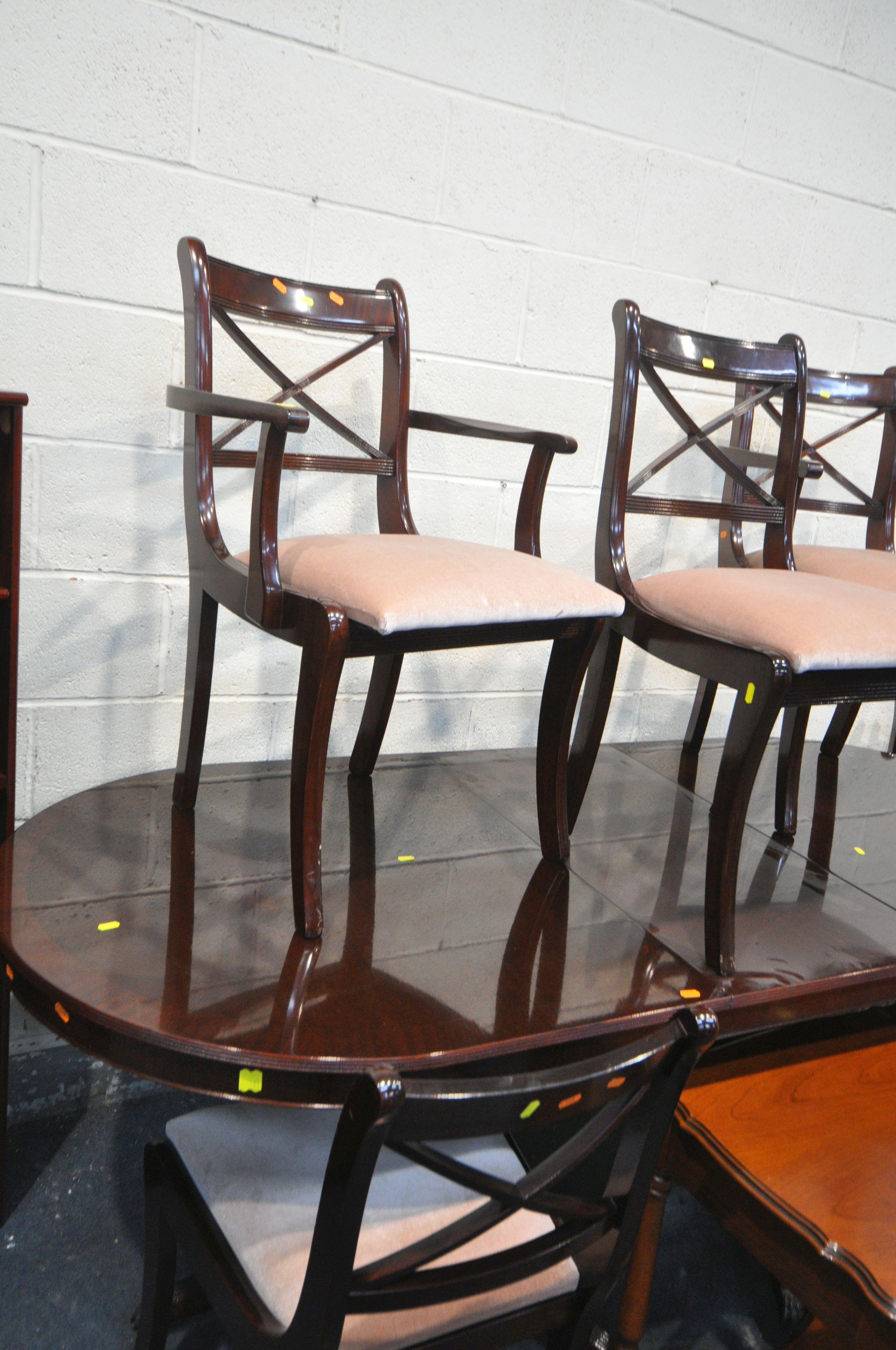 A MODERN MAHOGANY EXTENDING DINING TABLE and six chairs, extended table length 218cm x closed length - Image 4 of 5