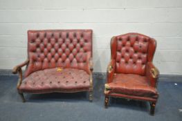 A MID 20th CENTURY RED LEATHER BUTTON BACK SOFA with a mahogany frame, turned legs to front,