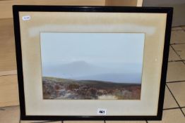 FREDERICK JOHN WIDGERY (1861-1942) A HEATHER MOORLAND LANDSCAPE, pond to the foreground, mist clad