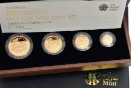 A ROYAL MINT 2009 BRITANNIA FOUR COIN GOLD PROOF SET, containing denominations of £100 1oz, £50 1/