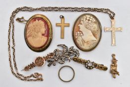 AN ASSORTMENT OF EARLY TO MID 20TH CENTURY JEWELLERY, to include a gold fronted cross pendant