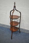 AN EDWARDIAN MAHOGANY THREE TIER CAKE STAND, height 98cm