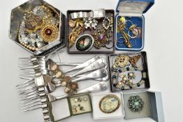 A BOX OF COSTUME JEWELLERY, CUTLERY AND OTHER ITEMS, to include a pair of carved mother of pearl