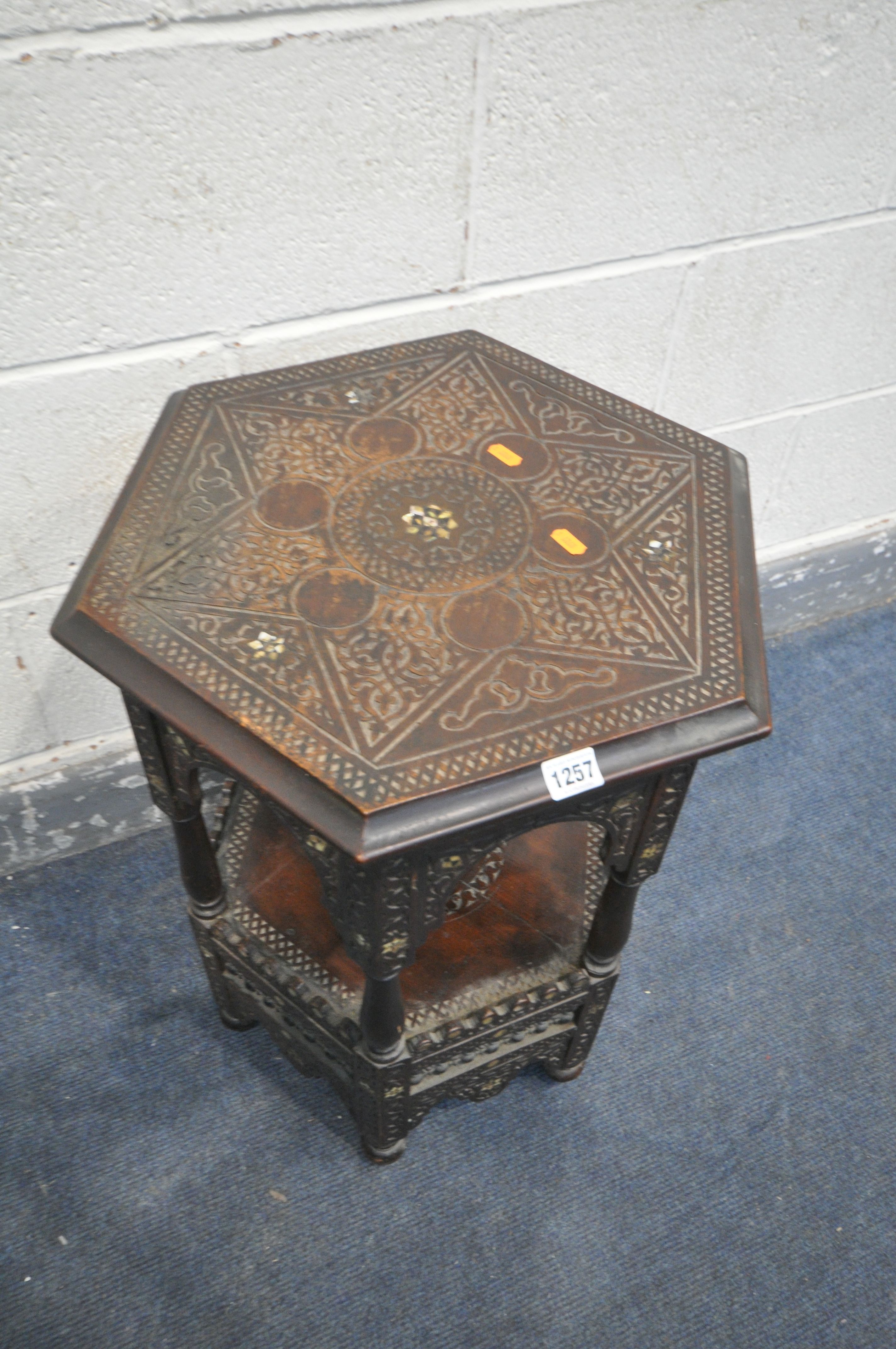 A LATE 19TH CENTURY HEXAGONAL MOORISH TABLE, blind fretwork carving throughout, and inlaid with - Image 2 of 3