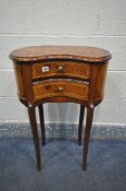 A REPRODUCTION BURR WALNUT AND CROSSBANDED FRENCH KIDNEY SIDE TABLE, with two drawers, width 52cm