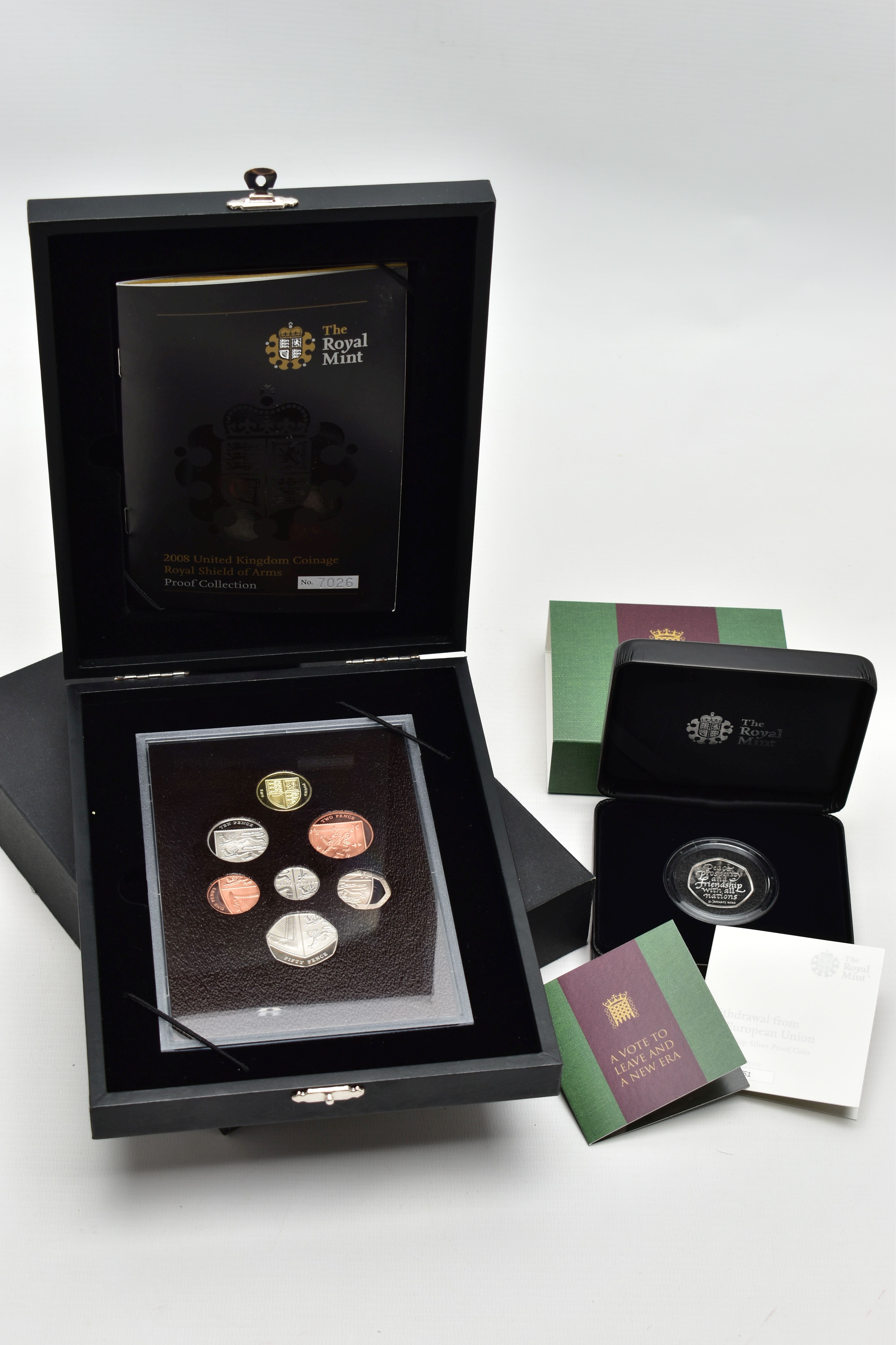 A ROYAL MINT WITHDRAWAL 50P SILVER PROOF 2020 COIN IN BOX WITH CERTIFICATES, together with a 2008