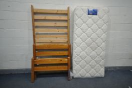 A PINE FRAMED SINGLE BED with a Silentnight 3ft (91cm) mattress and a bag of fixing bolts (