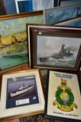 MARITIME THEMED PAINTINGS AND PRINTS, to include a J. Harvey oil on canvas depicting a Naval