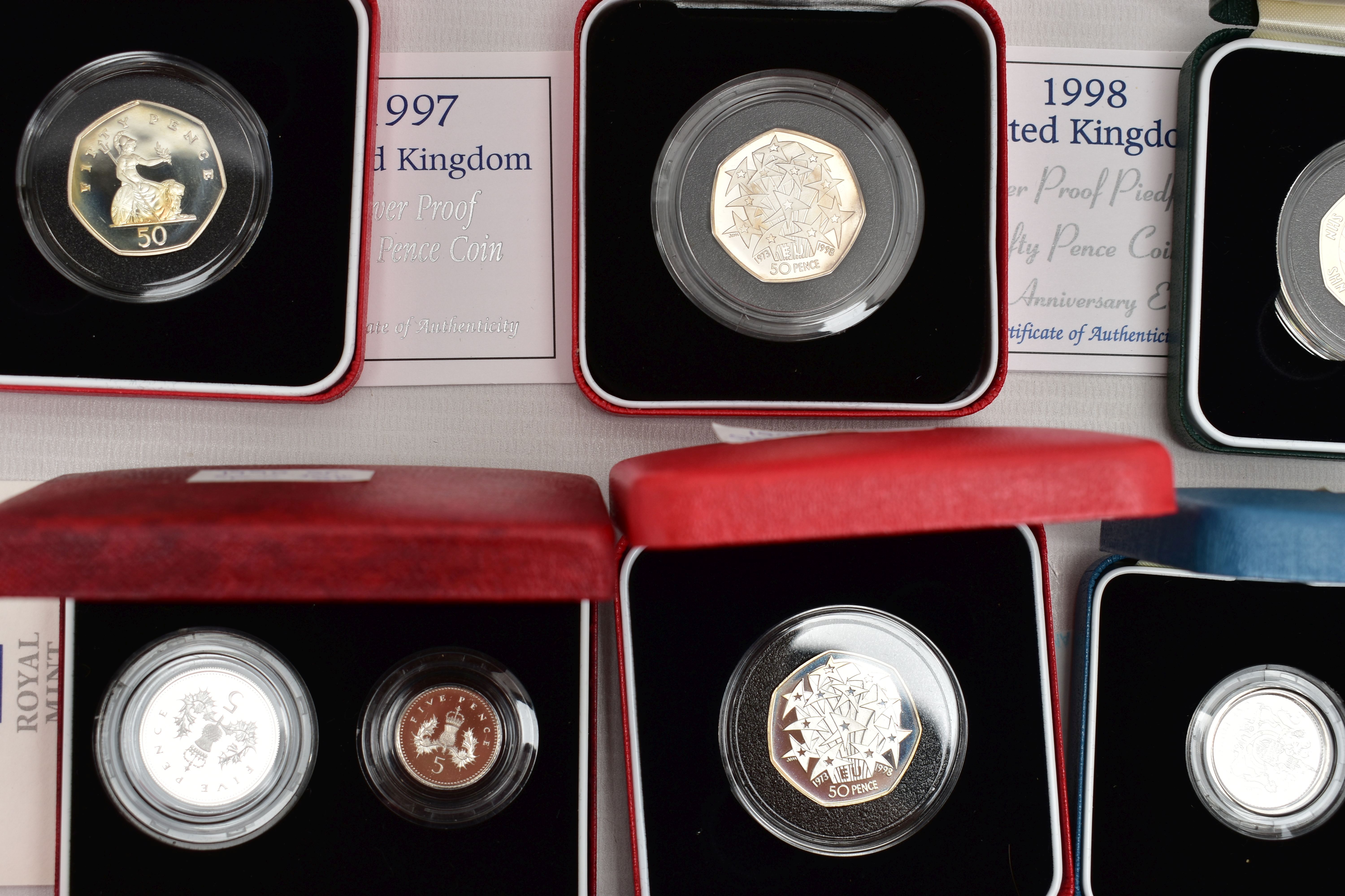 A GROUP OF ROYAL MINT SILVER PROOF UK BOXED COINS, to include a 1992-93 Silver proof Piedfort - Image 2 of 6
