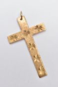 A 9CT GOLD CROSS PENDANT, the cross with engraved star accents, hallmarked 9ct gold London, 1978,