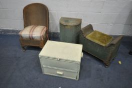 A COLLECTION OF FOUR WICKERWORK ITEMS including a Sirron's chair, a shaped linen box with seat,