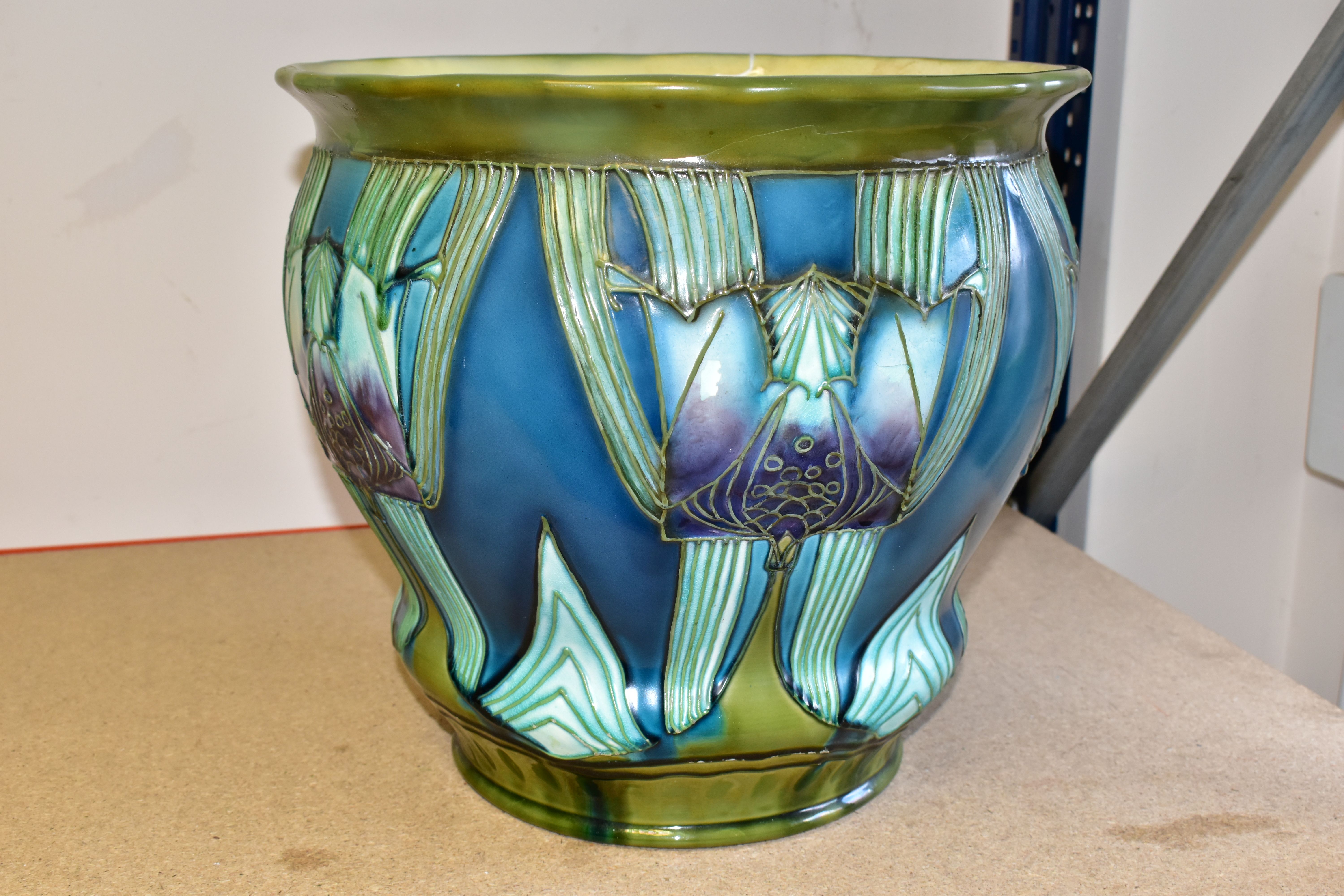 A VERY LARGE MINTON JARDINIERE, with a green, turquoise and lilac coloured Art Nouveau ' - Image 3 of 7