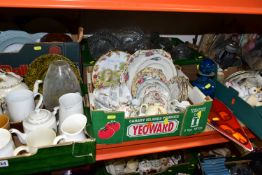 SIX BOXES OF CERAMICS AND ORNAMENTS, to include a Poole Pottery spear shaped Delphis design platter,