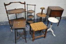 A SELECTION OF OCCASIONAL FURNITURE, to include sewing box, an oak folding cake stand, an oak