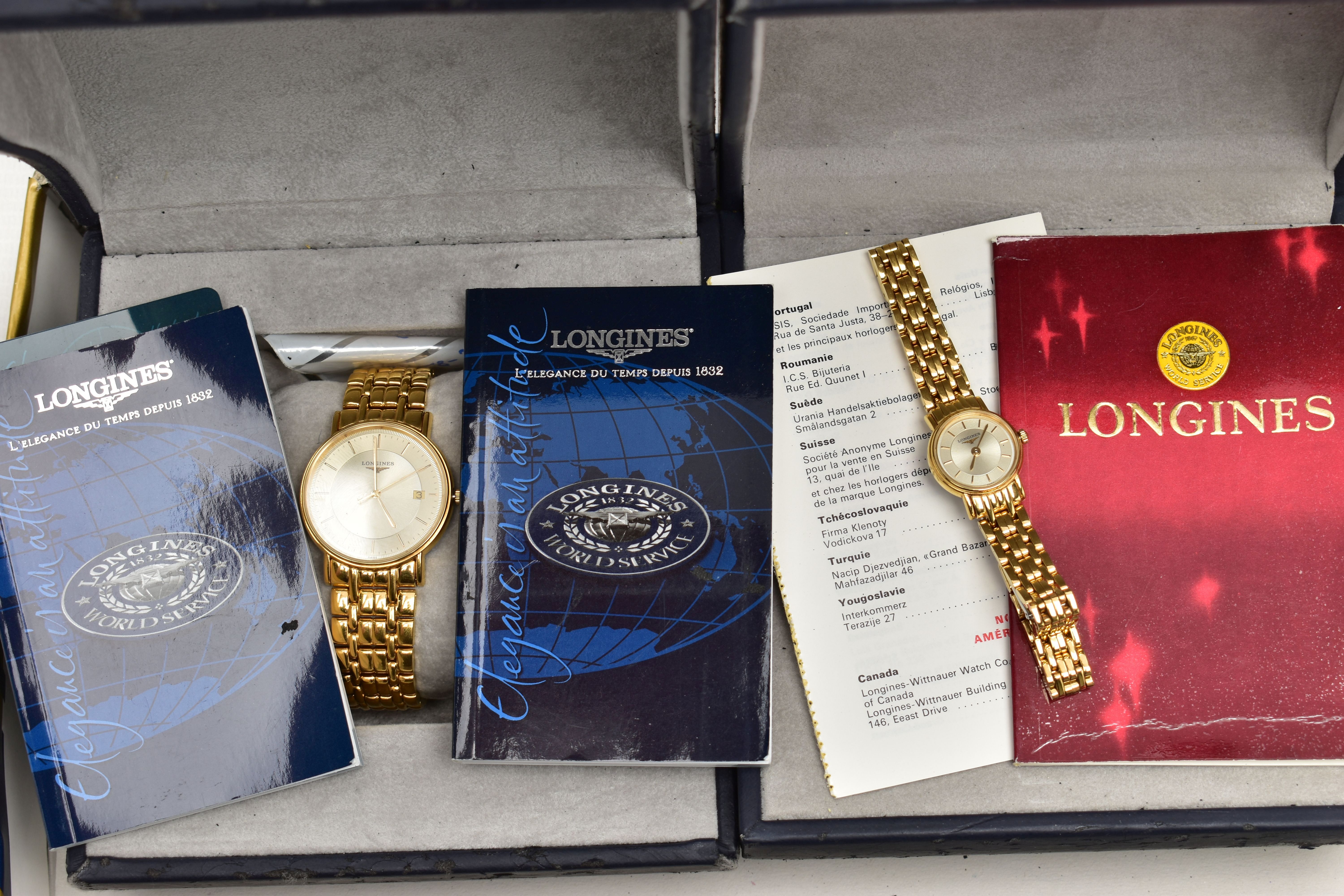 A LADIES AND A GENTS 'LONGINES' WRISTWATCH, a gents quartz watch featuring a round gold dial