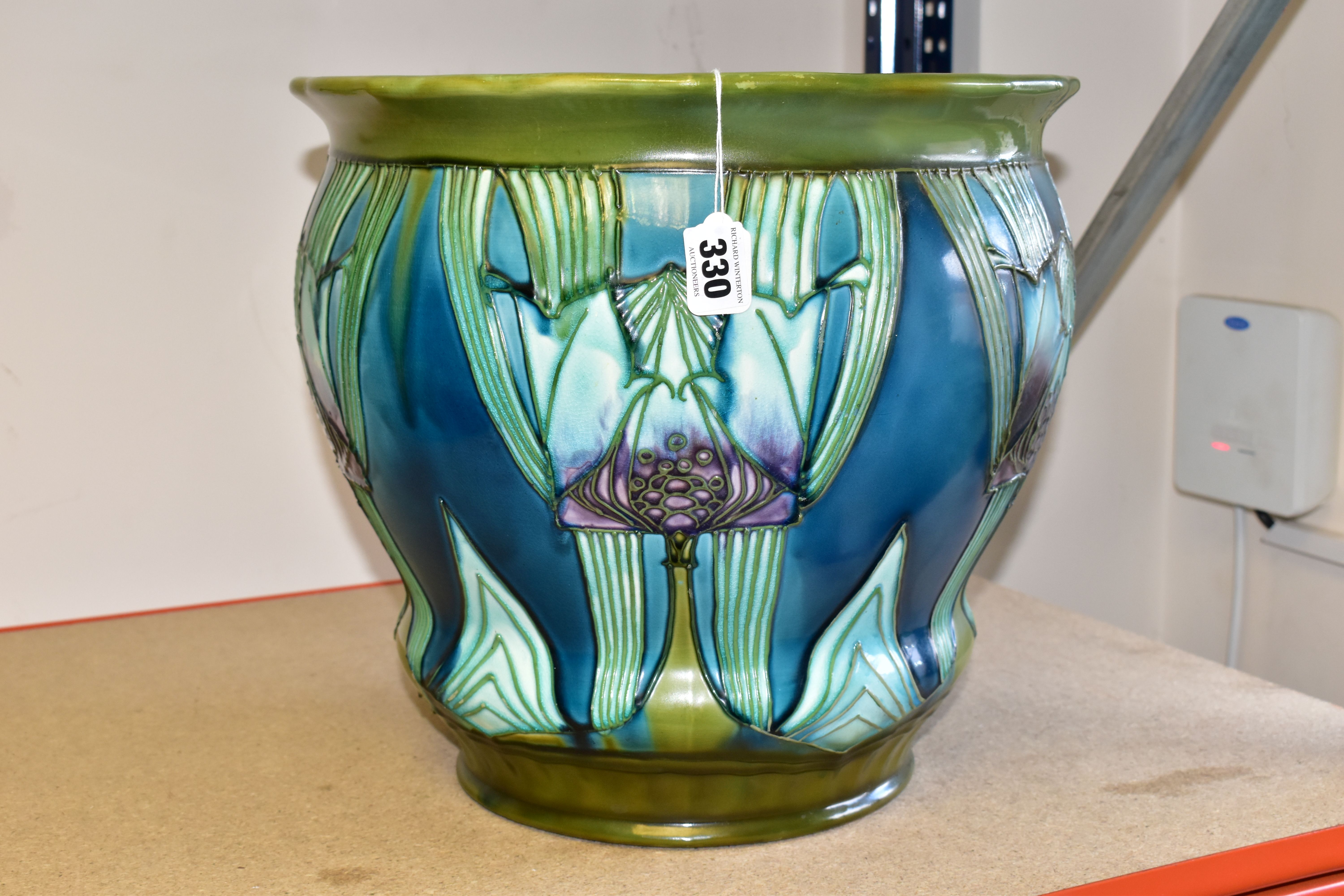 A VERY LARGE MINTON JARDINIERE, with a green, turquoise and lilac coloured Art Nouveau '