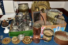 THREE BOXES OF METALWARE, to include a set of iron kitchen scales with weights, a quantity of Indian