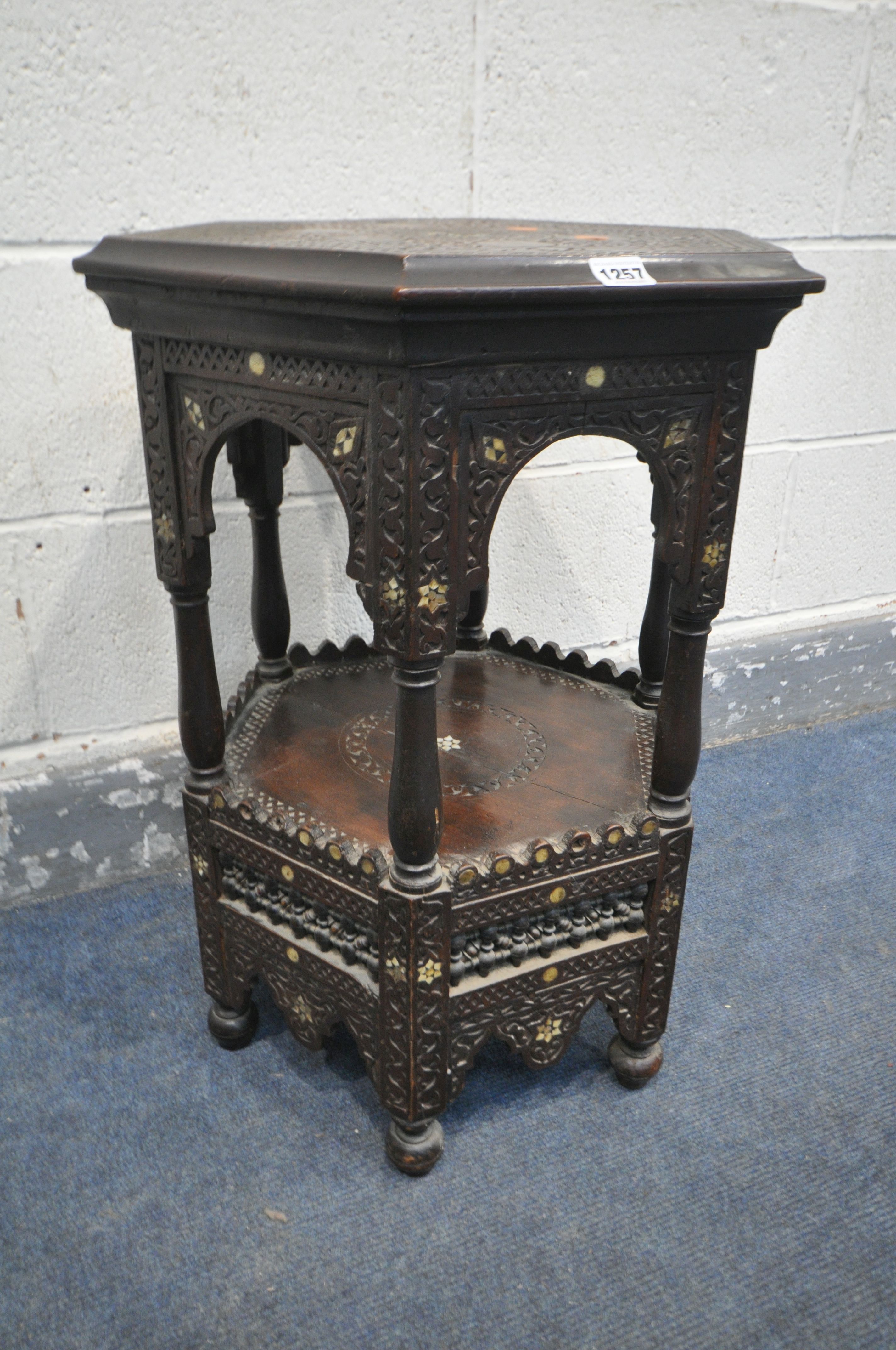 A LATE 19TH CENTURY HEXAGONAL MOORISH TABLE, blind fretwork carving throughout, and inlaid with - Image 3 of 3