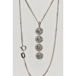 A WHITE METAL DIAMOND PENDANT WITH 18CT WHITE GOLD CHAIN, the pendant designed as a series of four