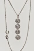 A WHITE METAL DIAMOND PENDANT WITH 18CT WHITE GOLD CHAIN, the pendant designed as a series of four