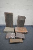 A COLLECTION OF VINTAGE LUGGAGE including two small leather 'Demob cases (distressed), two vinyl