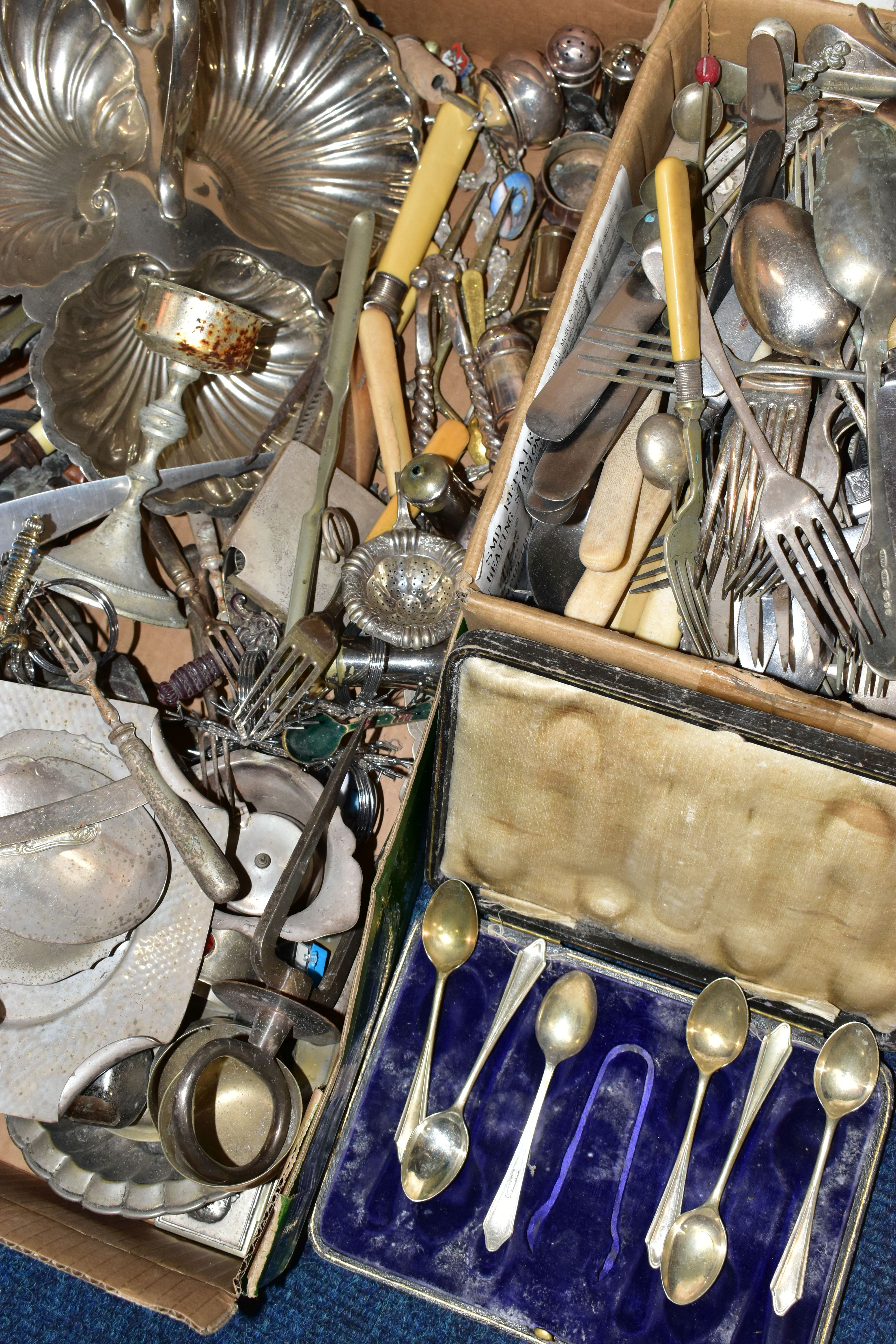 TWO BOXES OF ASSORTED WHITE METAL WARE AND A BOX OF CUTLERY, to include various dishes, entree - Image 2 of 3