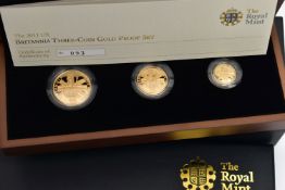 A ROYAL MINT 2011 BRITANNIA THREE COIN GOLD PROOF SET, comprising of a £50, 0.167 AU, 17.02 gram,