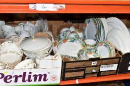 FOUR BOXES OF DINNER WARES, to include a one hundred and three piece dinner service with green and