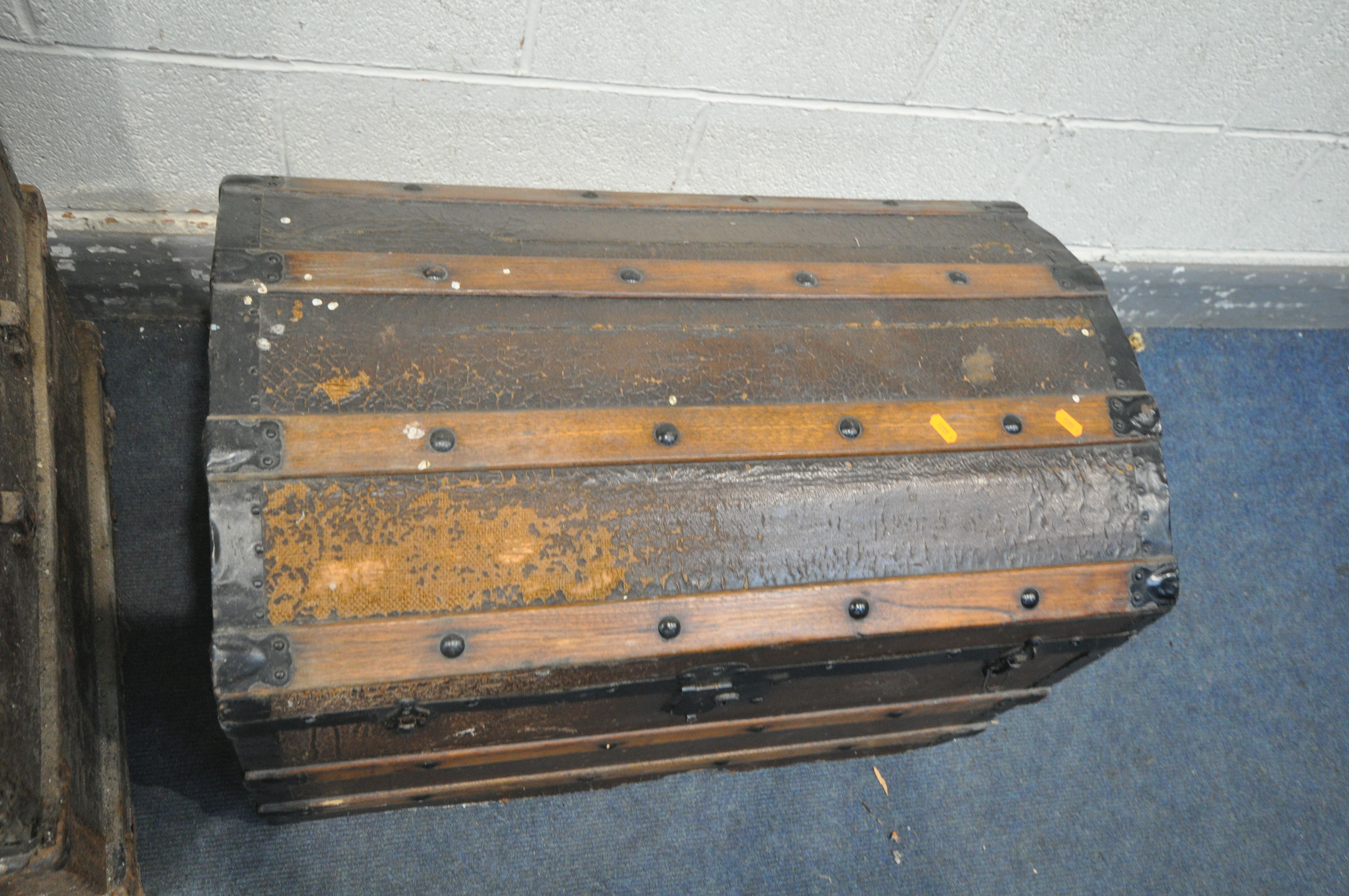 TWO VINTAGE TRAVEL TRUNKS with oak and steel banding to both, one with a domed top width 75cm x - Image 4 of 5